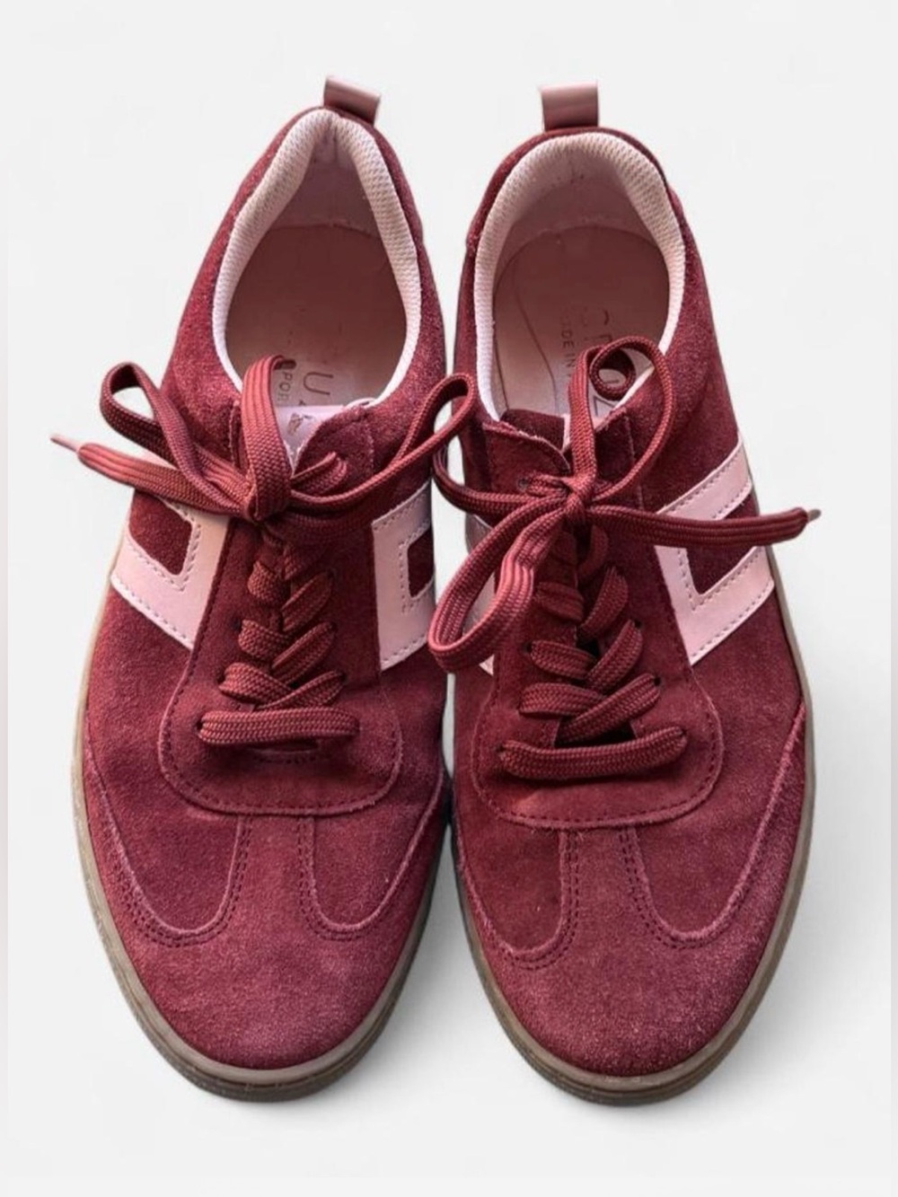 Women's Suede Burgandy Lace-Up Sneakers with Pink Accent